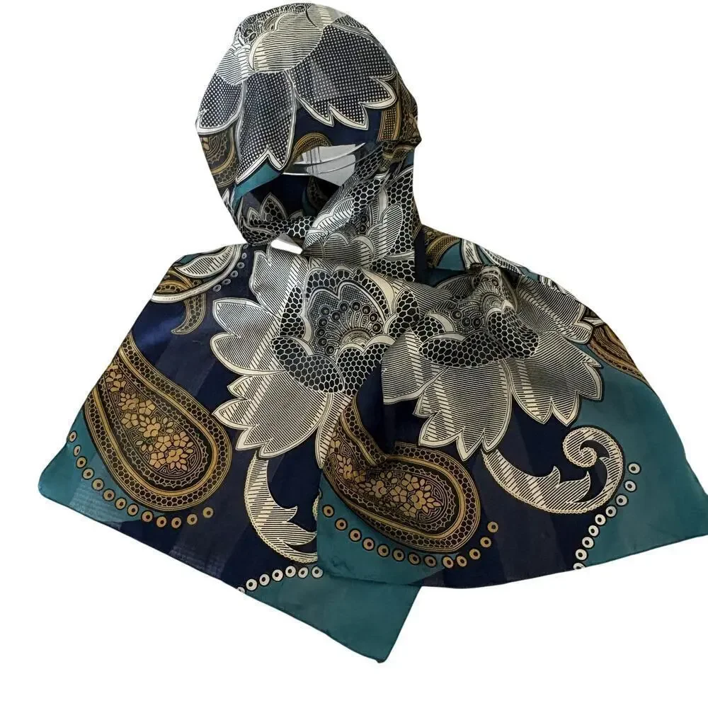 Cejon Paisley Floral Scarf Blue Gold Teal Boho Vintage Style Polyester